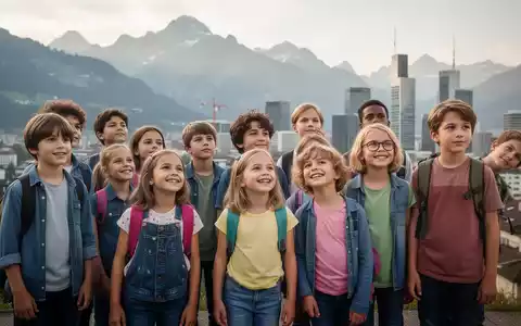 Eine Gruppe unterschiedlich großer Kinder und Jugendlicher in der Schweiz vor einer Berg- und Stadtkulisse, die Wachstum darstellt. - Foto: über boerse-global.de