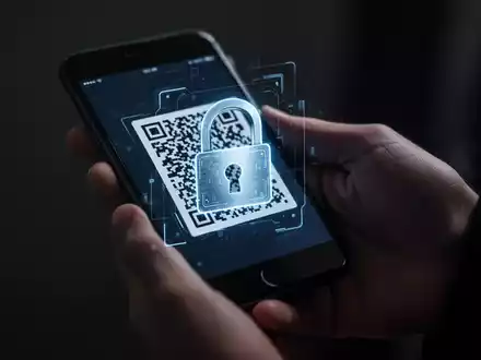 Nahaufnahme einer Hand, die ein Smartphone hält und einen QR-Code scannt, überlagert mit einem digitalen Vorhängeschloss. - Foto: über boerse-global.de