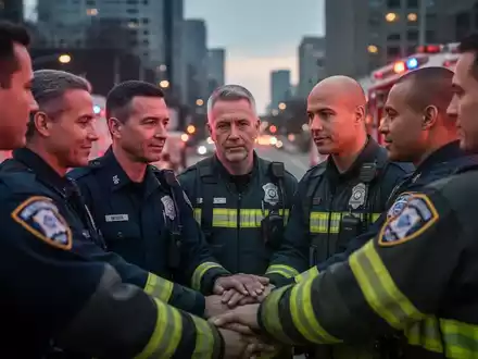 Eine Gruppe von Ersthelfern, darunter Polizisten, Feuerwehrleute und Sanitäter, in einem unterstützenden Kreisgespräch. - Foto: über boerse-global.de