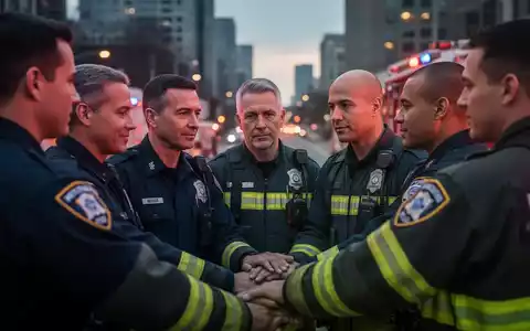 Eine Gruppe von Ersthelfern, darunter Polizisten, Feuerwehrleute und Sanitäter, in einem unterstützenden Kreisgespräch. - Foto: über boerse-global.de