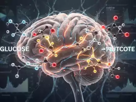 Eine stilisierte Darstellung des Gehirns mit leuchtenden neuronalen Bahnen und den Molekülstrukturen von Glukose und Fruktose. - Foto: über boerse-global.de