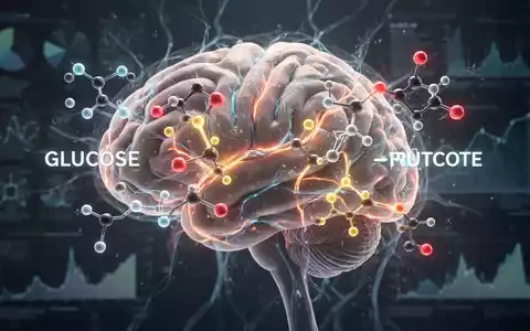 Eine stilisierte Darstellung des Gehirns mit leuchtenden neuronalen Bahnen und den Molekülstrukturen von Glukose und Fruktose. - Foto: über boerse-global.de