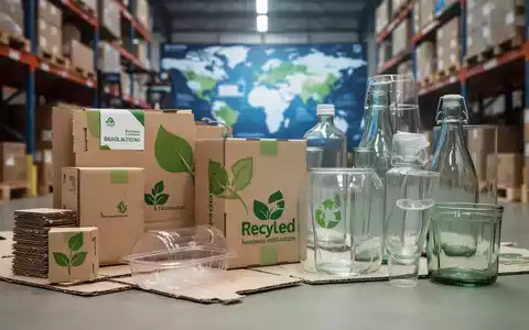 Nahaufnahme verschiedener umweltfreundlicher Verpackungsmaterialien wie Karton und Bioplastik in einem Lager. - Foto: über boerse-global.de