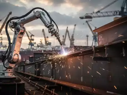 A robotic arm welding a large steel beam in a shipyard, with sparks illuminating the dark industrial environment. - Foto: über boerse-global.de