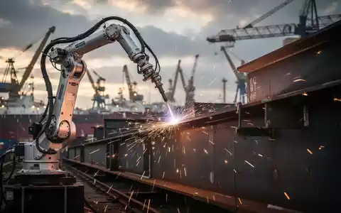A robotic arm welding a large steel beam in a shipyard, with sparks illuminating the dark industrial environment. - Foto: über boerse-global.de