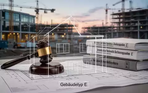 Eine Bauzeichnung für den Gebäudetyp E mit einem Gerichtshammer und Gesetzestexten, die Baurecht und vereinfachte Baustandards symbolisieren. - Foto: über boerse-global.de