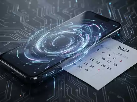 A futuristic smartphone with a glowing interface, partially covered by a calendar indicating a 2027 date, symbolizing a product launch delay. - Foto: über boerse-global.de