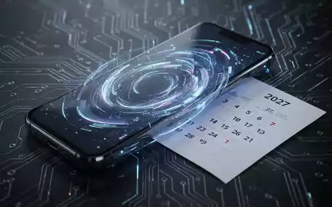 A futuristic smartphone with a glowing interface, partially covered by a calendar indicating a 2027 date, symbolizing a product launch delay. - Foto: über boerse-global.de