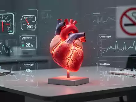 Ein stilisiertes, leuchtendes menschliches Herzmodell auf einem Schreibtisch, umgeben von digitalen Anzeigen für Blutdruck, Cholesterin und Blutzucker. - Foto: über boerse-global.de