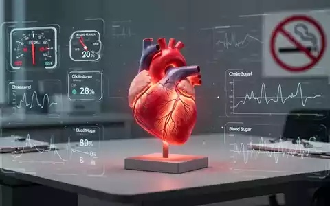Ein stilisiertes, leuchtendes menschliches Herzmodell auf einem Schreibtisch, umgeben von digitalen Anzeigen für Blutdruck, Cholesterin und Blutzucker. - Foto: über boerse-global.de