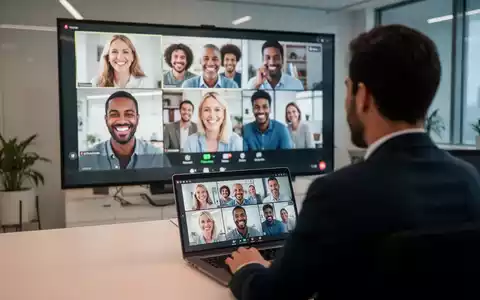 Eine Person benutzt einen Laptop, der auf dem Bildschirm eine Videokonferenz mit mehreren Teilnehmern anzeigt. - Foto: über boerse-global.de