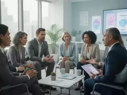 Eine Gruppe von Fachleuten in einem modernen Büro nimmt an einer Coaching-Sitzung teil, mit digitalen Wellness-Tools im Hintergrund. - Foto: über boerse-global.de