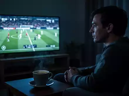 Eine Person schaut nachts ein Fußballspiel auf einem Bildschirm in einem dunklen Raum, eine Kaffeetasse auf dem Tisch. - Foto: über boerse-global.de