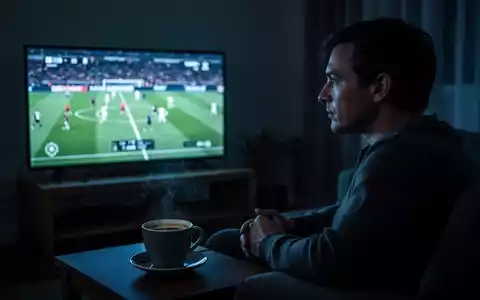 Eine Person schaut nachts ein Fußballspiel auf einem Bildschirm in einem dunklen Raum, eine Kaffeetasse auf dem Tisch. - Foto: über boerse-global.de