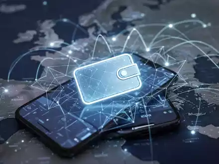 A stylized digital wallet icon on a smartphone screen, with a glowing map of Europe in the background, symbolizing secure digital identity across the EU. - Foto: über boerse-global.de