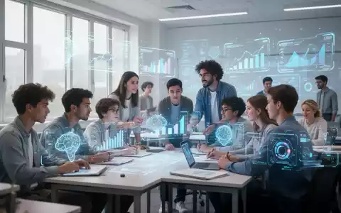 Students and adults in a modern classroom interacting with holographic data visualizations, symbolizing advanced digital skills education. - Foto: über boerse-global.de