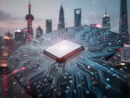 Nahaufnahme eines modernen Mikrochips, der von einem sanften Leuchten umgeben ist, mit verschwommener Shanghaier Skyline im Hintergrund. - Foto: über boerse-global.de
