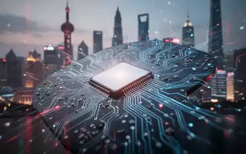 Nahaufnahme eines modernen Mikrochips, der von einem sanften Leuchten umgeben ist, mit verschwommener Shanghaier Skyline im Hintergrund. - Foto: über boerse-global.de