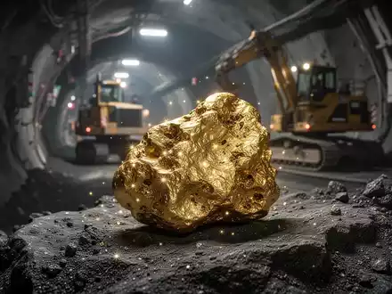 Ein großer, rauer Goldnugget glänzt auf einem dunklen Felsen, im Hintergrund verschwommen ein moderner Bergbautunnel. - Foto: über boerse-global.de