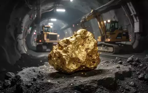 Ein großer, rauer Goldnugget glänzt auf einem dunklen Felsen, im Hintergrund verschwommen ein moderner Bergbautunnel. - Foto: über boerse-global.de