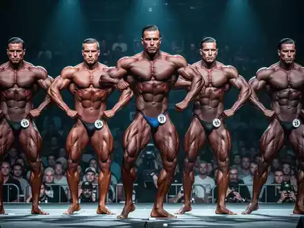 Vier muskulöse Bodybuilder auf einer Bühne während eines Wettbewerbs, in dramatischen Posen mit intensivem Fokus. - Foto: über boerse-global.de