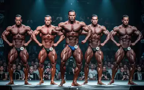 Vier muskulöse Bodybuilder auf einer Bühne während eines Wettbewerbs, in dramatischen Posen mit intensivem Fokus. - Foto: über boerse-global.de