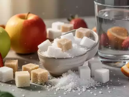 Zuckerwürfel und -granulat, daneben frisches Obst und ein Glas Wasser, symbolisieren einen ausgewogenen Umgang mit Zucker. - Foto: über boerse-global.de