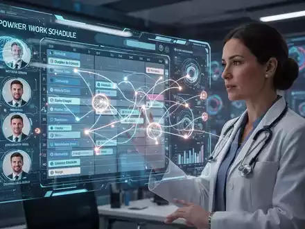 A person viewing a holographic work schedule with AI elements, representing advanced workforce scheduling and data processing. - Foto: über boerse-global.de