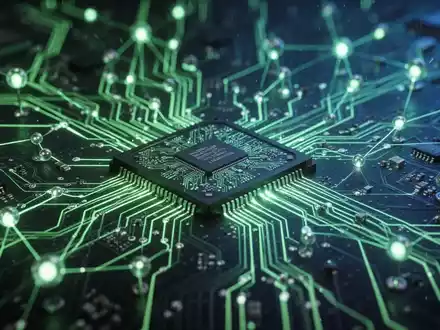 Nahaufnahme einer leuchtenden, komplexen Computerplatine mit Mikrochips, die KI-Inferenz und Marktanteil symbolisiert. - Foto: über boerse-global.de
