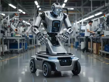 A sophisticated humanoid robot with highly dexterous hands on a wheeled base, operating in an industrial environment. - Foto: über boerse-global.de