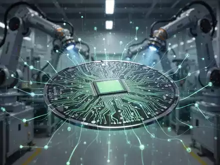 A close-up of a glowing, futuristic semiconductor wafer with intricate circuits, symbolizing AI manufacturing and technology. - Foto: über boerse-global.de