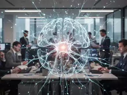 Eine stilisierte, leuchtende KI-Visualisierung über einem modernen Büro, das Produktivitätssteigerungen durch Technologie darstellt. - Foto: über boerse-global.de