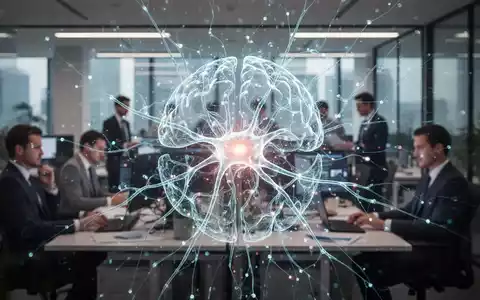 Eine stilisierte, leuchtende KI-Visualisierung über einem modernen Büro, das Produktivitätssteigerungen durch Technologie darstellt. - Foto: über boerse-global.de