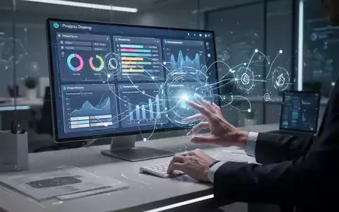 Ein futuristischer Schreibtisch mit einer holografischen Benutzeroberfläche, die Projektmanagement-Dashboards und Datenströme anzeigt. - Foto: über boerse-global.de