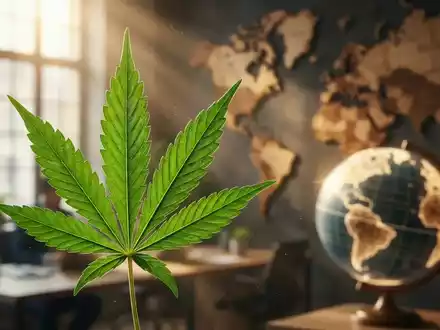 Nahaufnahme eines grünen Cannabisblattes mit verschwommenem Globus im Hintergrund, der internationales Geschäft symbolisiert. - Foto: über boerse-global.de