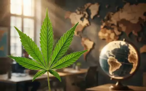 Nahaufnahme eines grünen Cannabisblattes mit verschwommenem Globus im Hintergrund, der internationales Geschäft symbolisiert. - Foto: über boerse-global.de