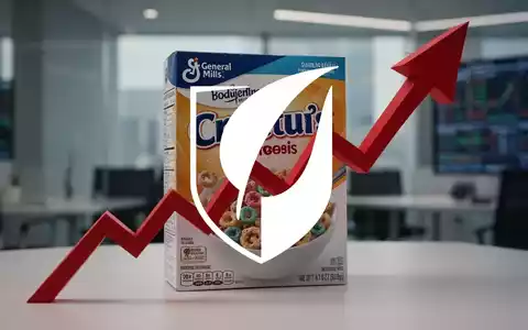 Eine General Mills Müslipackung, teilweise verdeckt von einem roten Abwärtspfeil, der einen erheblichen finanziellen Verlust darstellt. - Foto: über boerse-global.de