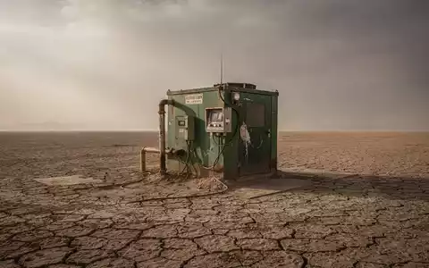 Eine kleine, verwelkte Wasserstoff-Brennstoffzellenanlage in einer trockenen Wüste unter einem trüben Himmel. - Foto: über boerse-global.de