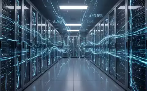 Futuristischer Serverraum mit blauen Datenströmen und dezenten digitalen Zahlen, die Technologieumsatz symbolisieren. - Foto: über boerse-global.de