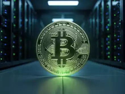 Ein leuchtender Bitcoin in einem dunklen Rechenzentrum, umgeben von Server-Racks. - Foto: über boerse-global.de