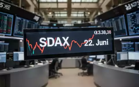 Ein Börsenticker zeigt einen leichten Kursrückgang mit dem Text 'SDAX' und '22. Juni', im Hintergrund eine Börse. - Foto: über boerse-global.de