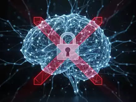 A glowing blue neural network with a padlock icon is partially covered by a red 'X', symbolizing AI model restrictions. - Foto: über boerse-global.de