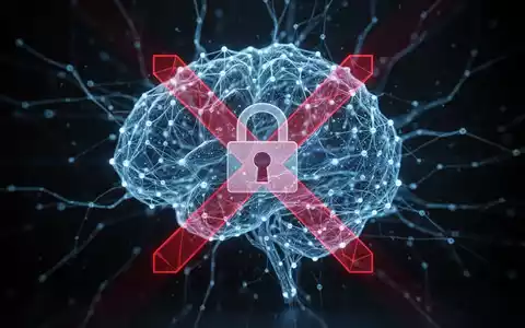 A glowing blue neural network with a padlock icon is partially covered by a red 'X', symbolizing AI model restrictions. - Foto: über boerse-global.de