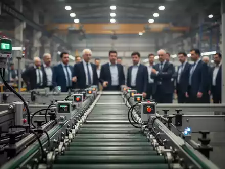 Eine Gruppe besorgter Fabrikarbeiter versammelt sich in einer großen Halle vor dem Hintergrund einer Sensor-Produktionslinie. - Foto: über boerse-global.de