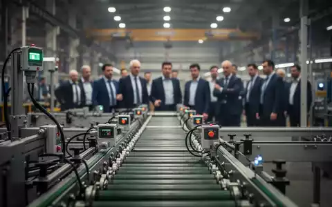 Eine Gruppe besorgter Fabrikarbeiter versammelt sich in einer großen Halle vor dem Hintergrund einer Sensor-Produktionslinie. - Foto: über boerse-global.de