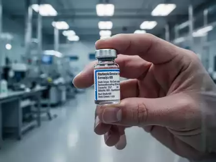 Eine Hand hält ein kleines Glasfläschchen mit pharmazeutischem Etikett, im Hintergrund eine verschwommene Laborumgebung. - Foto: über boerse-global.de