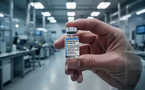 Eine Hand hält ein kleines Glasfläschchen mit pharmazeutischem Etikett, im Hintergrund eine verschwommene Laborumgebung. - Foto: über boerse-global.de
