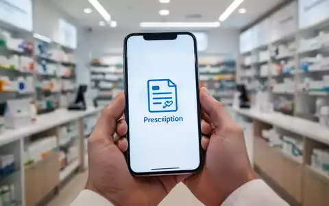 Hand holding a smartphone displaying a digital prescription icon in a modern pharmacy setting, symbolizing e-prescriptions and telemedicine. - Foto: über boerse-global.de