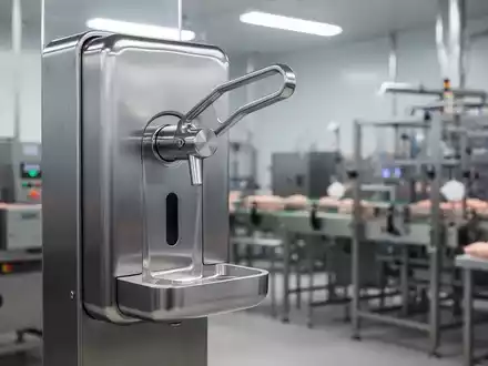 Ein moderner, glänzender Edelstahl-Hygienespender mit Ellbogenbedienung in einer sterilen Lebensmittelproduktionsanlage, umgeben von unscharfen Maschinen. - Foto: über boerse-global.de