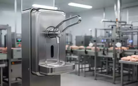 Ein moderner, glänzender Edelstahl-Hygienespender mit Ellbogenbedienung in einer sterilen Lebensmittelproduktionsanlage, umgeben von unscharfen Maschinen. - Foto: über boerse-global.de